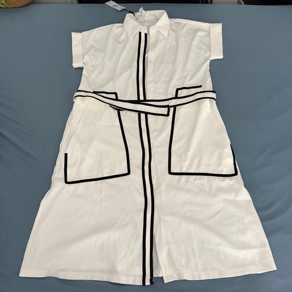 CK Performance White Summer Dress with Black Trim and Belt